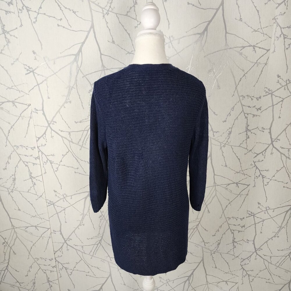 Talbots Navy 100% Linen Ribbed Knit Open Front Cardigan - Picture 3 of 6